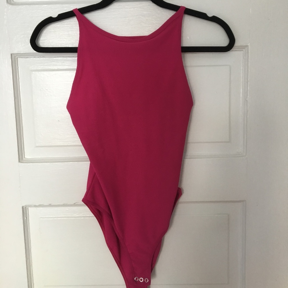 Pink High-Neck Ribbed Bodysuit